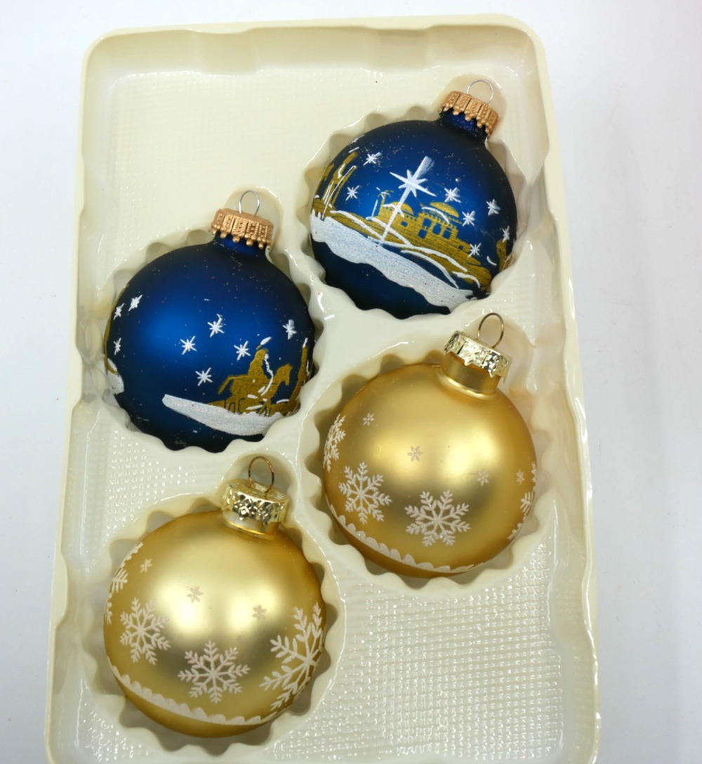 VTG Nativity Bethlehem & Snow Flake Blue Gold Glass Christmas Ornaments USA